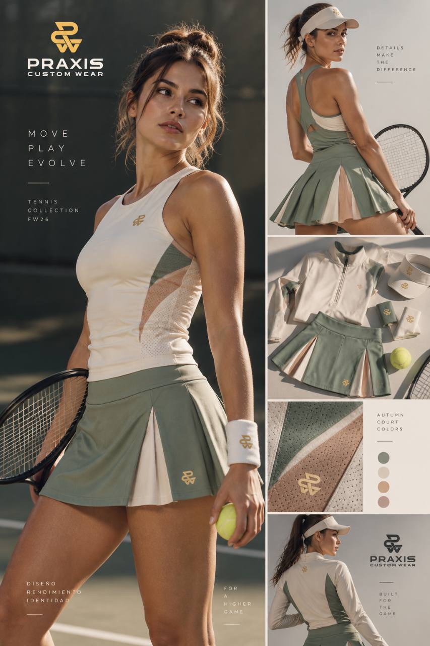 Retrato de campaña de tenis con atleta en conjunto marfil y salvia