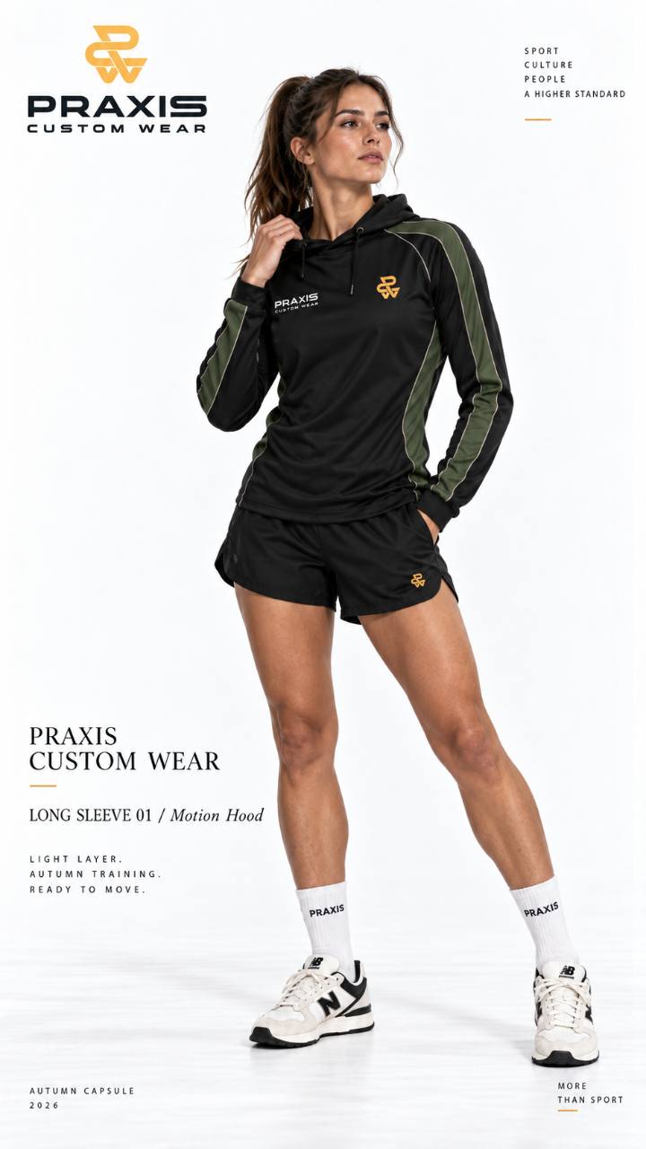 Póster de campaña con mujer en sudadera deportiva negra y verde olivo